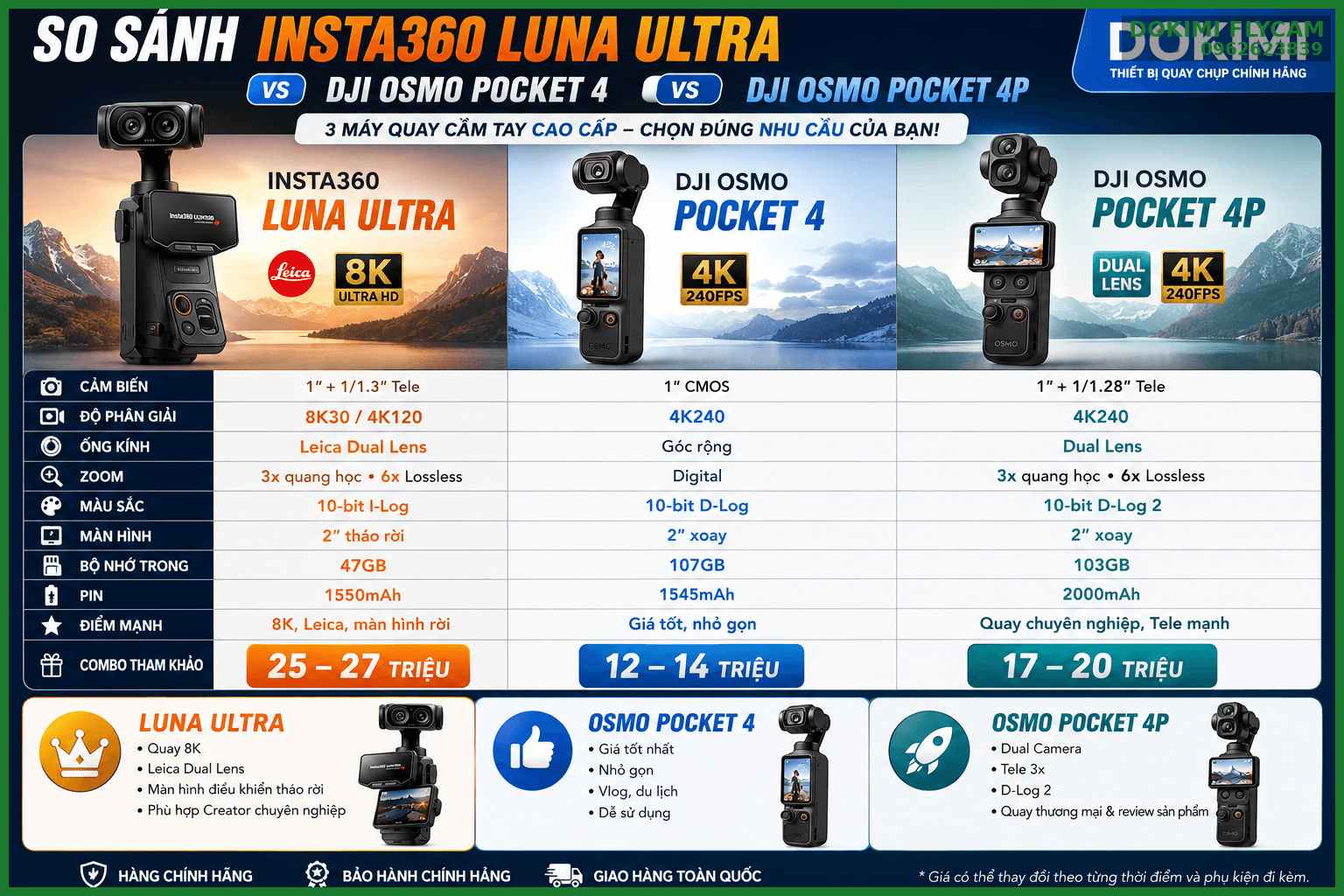 🔥 SO SÁNH INSTA360 LUNA ULTRA vs DJI OSMO POCKET 4 vs OSMO POCKET 4P